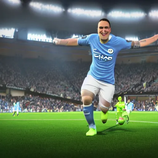 Image similar to shrek!! scoring a goal for manchester city, hd render,