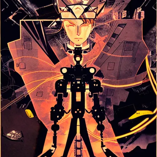 Prompt: the fullmetal neon friendly robot orion crosses the infinite boundary between reality and simulation, game poster by dave mckean, ivan shishkin, james jean and yoji shinkawa