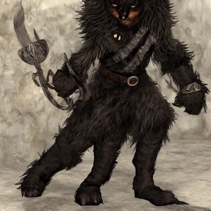 Image similar to khajit tabaxi catfolk humanoid with maine coon features and black fur holding two shortswords cloaked in shadow and wearing leather armor, dungeons and dragons, pure white background, scar on face on left eye, eyepatch on left eye, fantasy, tarot card style, character concept, high detail, hyper realistic