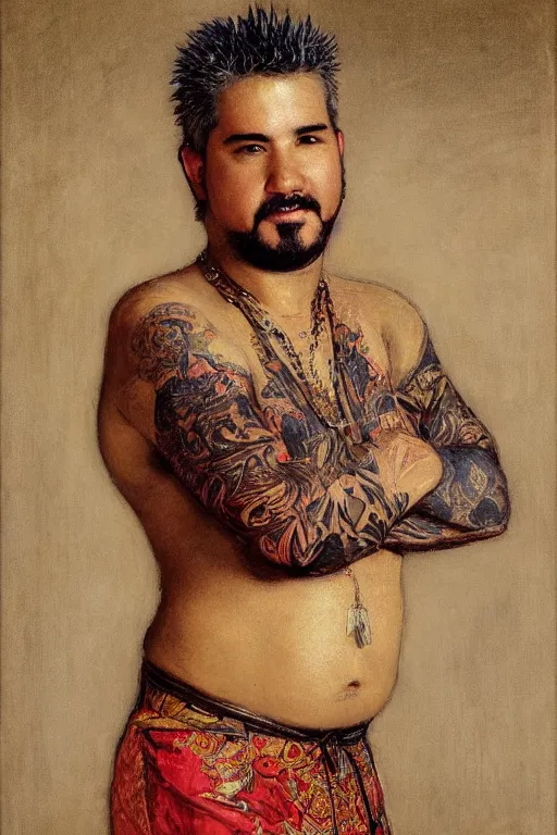 Prompt: guy fieri, orientalist intricate portrait by john william waterhouse and edwin longsden long and theodore ralli and nasreddine dinet, hyper realism, dramatic lighting