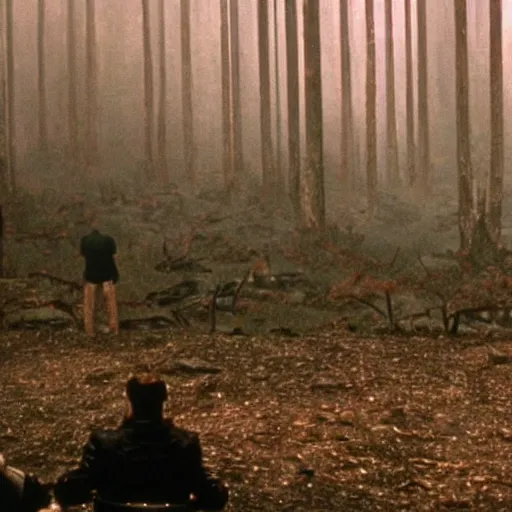 Prompt: a forest, in the background there is a young man wearing red clothes. still from blade runner.