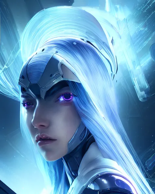 Image similar to perfect android girl on a mothership, warframe armor, beautiful face, scifi, futuristic, galaxy, nebula, raytracing, dreamy, long white hair, blue cyborg eyes, sharp focus, cinematic lighting, highly detailed, artstation, divine, by gauthier leblanc, kazuya takahashi, huifeng huang