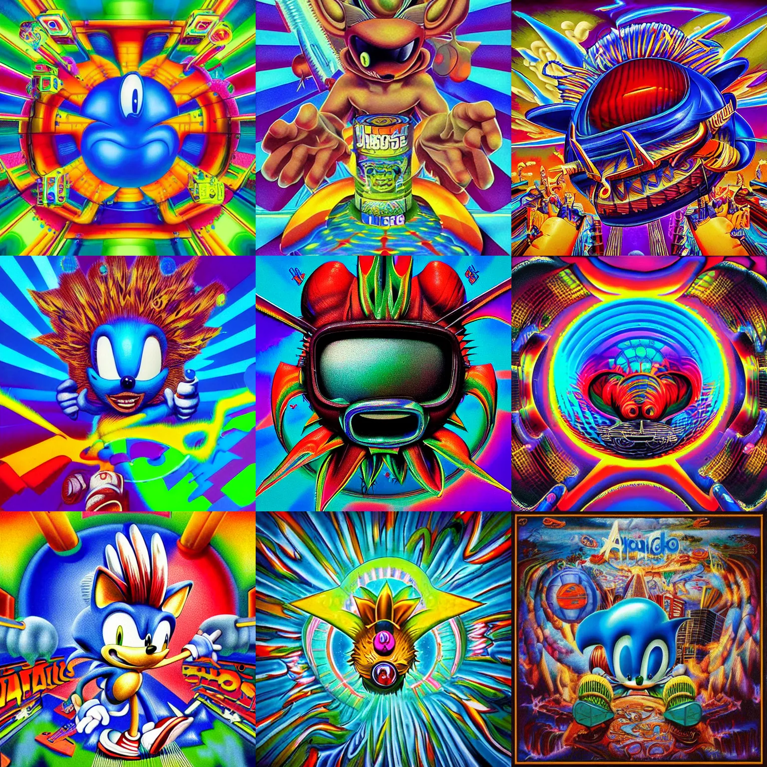 Image similar to retro game advertisement in a surreal, faded, detailed professional, totally radical, high quality airbrush art shpongle album cover of a liquid dissolving lsd dmt sonic the hedgehog on a flat blue checkerboard plane, 1 9 9 0 s 1 9 9 2 prerendered graphics raytraced phong shaded album cover