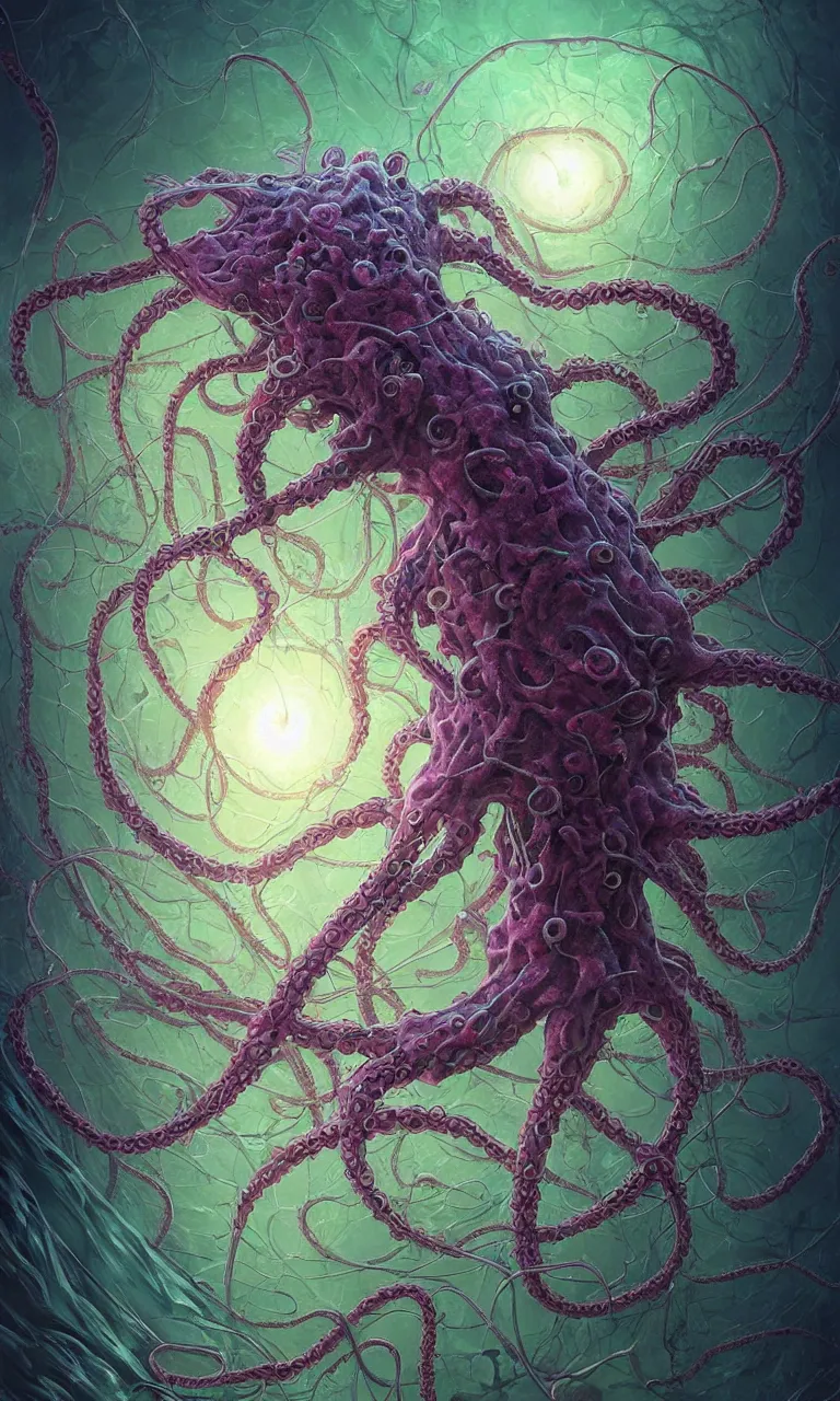 Prompt: internal lymphocyte virion rawandrendered synaptic fractality transmission embryonic beholder shoggoth glial neurons cyberpunk nerve cells microscopic octopus by wojtekfus facey rossdraws. neuronal iridescent neuron synapse by beksinski. # imaginativerealism