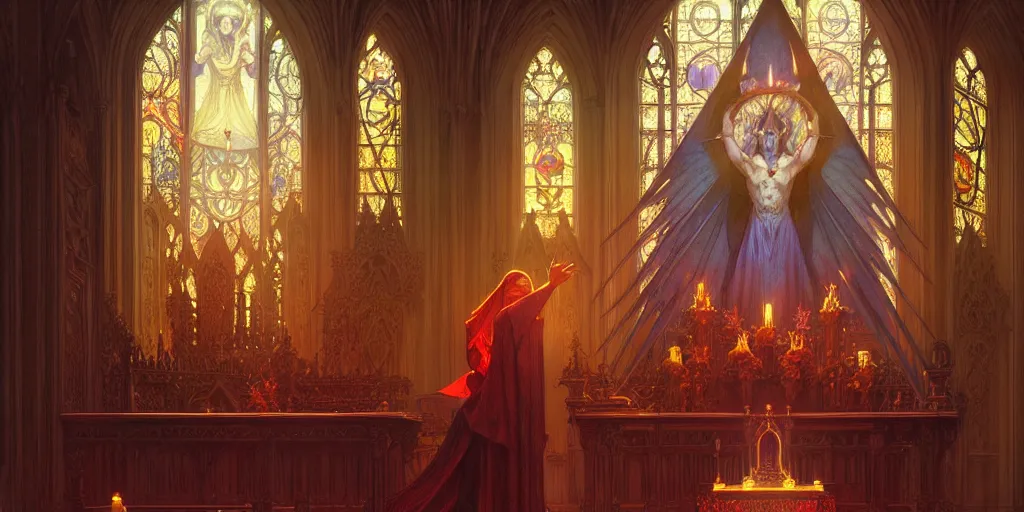 Prompt: a beautiful illustration of a satanic altar in a church, intricate, sharp focus, illustration, highly detailed, digital painting, concept art, matte, art by wlop and artgerm and greg rutkowski and alphonse mucha, masterpiece