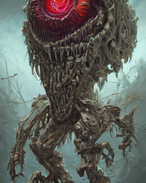 Prompt: Haunting horrifying detailed painting of a huge muscular hulking extraterrestrial flower monster made of bone and spinal cord, and bloodshot eyeballs, hyper detailed, trending on Artstation