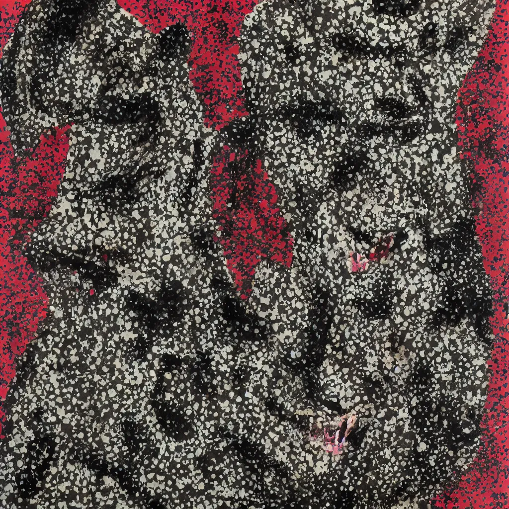 Image similar to camo made of teeth, smiling, abstract, francis bacon artwork, cryptic, dots, spots, stipple, lines, splotch, color tearing, pitch bending, faceless people, dark, ominious, eerie, hearts, minimal, points, technical, old painting