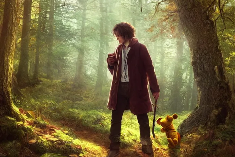Prompt: adult frank dillane exploring the woods with winnie the pooh, beautiful, grand, wistful, hyperrealistic photograph by kim jung gi, extremely detailed, intricate linework, sharp focus, bright colors, octopath traveler, unreal engine 5 highly rendered, global illumination, radiant light, detailed and intricate environment