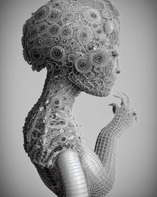 Image similar to mythical dreamy black and white organic bio - mechanical spinal ribbed profile face portrait detail of translucent steampunk beautiful female angelic - human - queen - vegetal - cyborg, highly detailed, intricate crystal ivy jelly ornate, poetic, translucent roses ornate, 3 d render, digital art, octane render, 8 k artistic photography, photo - realistic, by dora maar