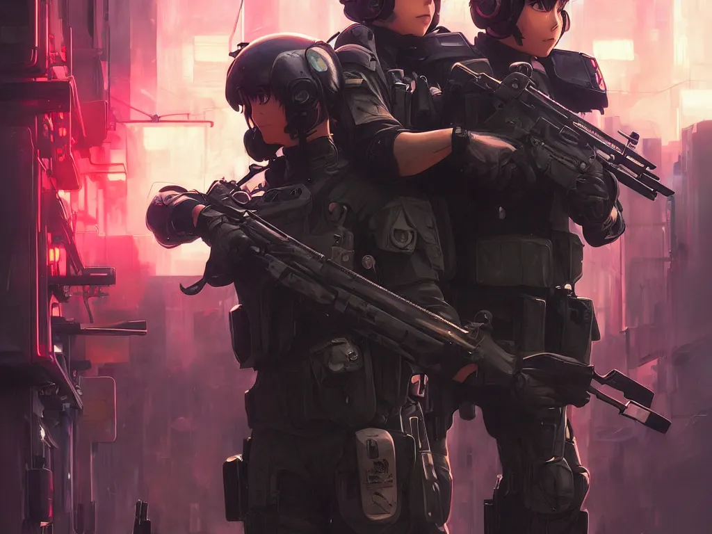 Image similar to anime key visual of a young female swat officer fighting male blood hound, neon, cyberpunk, futuristic, stunning, highly detailed, digital painting, smooth, soft focus, illustration, movie poster, japanese typography, digital art from artstation by artgerm and greg rutkowski and alphonse mucha