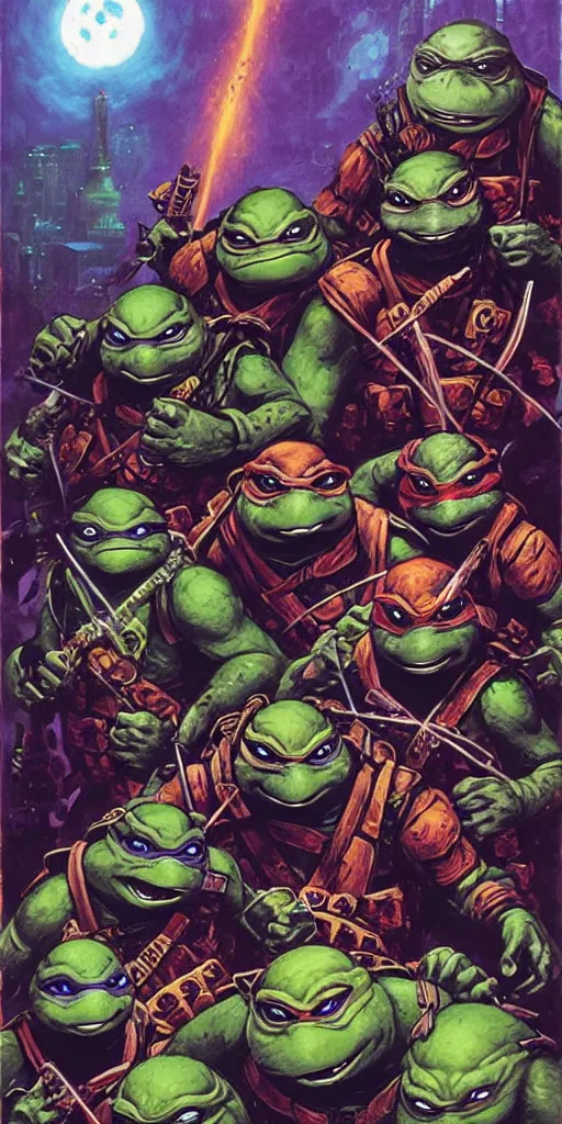 Prompt: gothic teenage mutant ninja turtles by paul lehr, godmachine and james gurney,