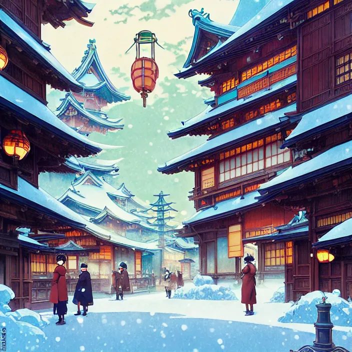 Image similar to japanese city, winter, in the style of studio ghibli, j. c. leyendecker, greg rutkowski, artem