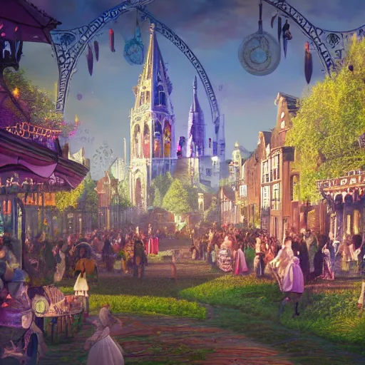 Prompt: A bustling magical town, witches and black cats are dancing around a colorful music festival, the large academy of magic and science can be seen towering in the distance, inspired by Victorian England and Amsterdam, highly detailed, digital painting, artstation, concept art, matte painting, octane render, 8k, unreal engine