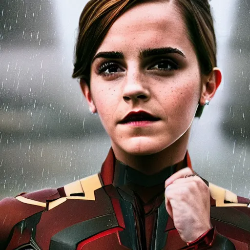 Image similar to cute emma watson wearing iron man's suite flying in new yourk, beautiful face, pale skin, rule of thirds, cinematic lighting, rainy weather, melancholy atmosphere, sharp focus, backlit, stunning, smooth, hard focus, full body shot, instagram photo, shot on sony a 7 iii, hyper realistic