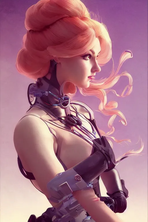 Image similar to gta princess peach as aeon flux profile picture by greg rutkowski, dynamic pose, intricate, futuristic, fantasy, elegant, by stanley artgerm lau, greg rutkowski, thomas kindkade, alphonse mucha, loish, norman rockwell, fantasy lut, asymmetric, long hair, retro computer graphics, video game, fluid lines,