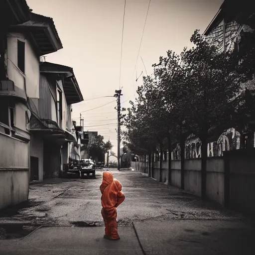 Image similar to a child wearing an orange hazmat suit on a post-war era street, dark smoke in the background, filthy streets, broken cars. Vines growing. Jpeg artifacts. Award-winning photo. Samyang/Rokinon Xeen 50mm T1.5