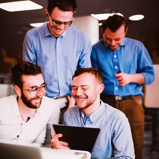 Image similar to several guys looking at a laptop screen laughing, colour photograph, 35mm