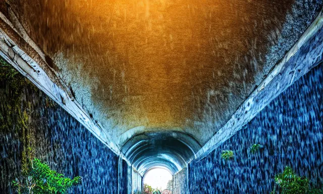 Image similar to beautiful photograph of a vertical tunnel made of raindrops in the blue sky, between a dried up river and the sun, highly-detailed, fantastic, dramatic lighting, artstation, 4k