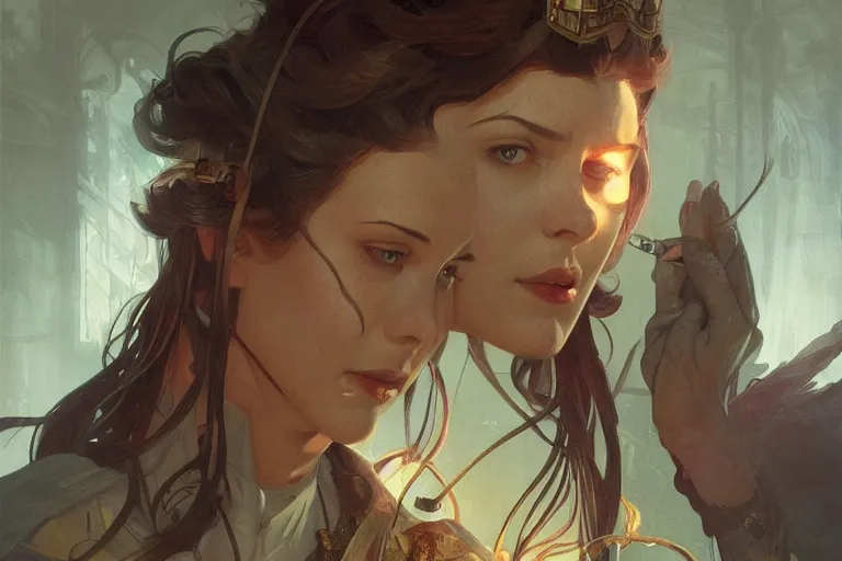 Prompt: combination 1930s ancient mage, highly detailed, digital painting, artstation, concept art, sharp focus, illustration, art by artgerm and greg rutkowski and alphonse mucha
