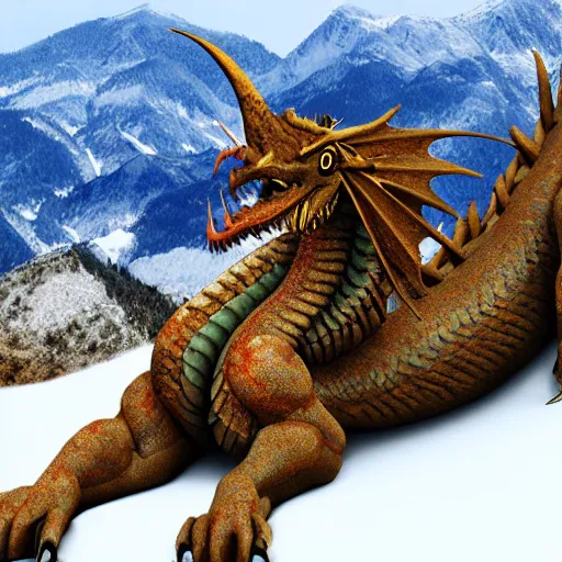 Image similar to Western dragon majestic and powerful resting curled up atop a mountain in the snow. 4k, hyper realistic