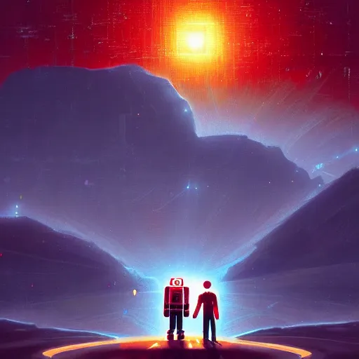 Prompt: an android robot and Einstein are each drinking a Coca-Cola. light particles. ultra-detailed. digital painting, 4k, rays of light, particles light, artstation, kuvshinov ilya, landscape by Noah Bradley, pixel art