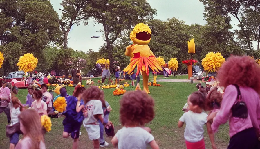 Prompt: 1990s candid photo of a beautiful day at the park, cinematic lighting, cinematic look, golden hour, large personified costumed flower people in the background, Enormous flower people mascots with friendly faces chasing kids, kids talking to flower people that are kinda scary and ruining the day, UHD