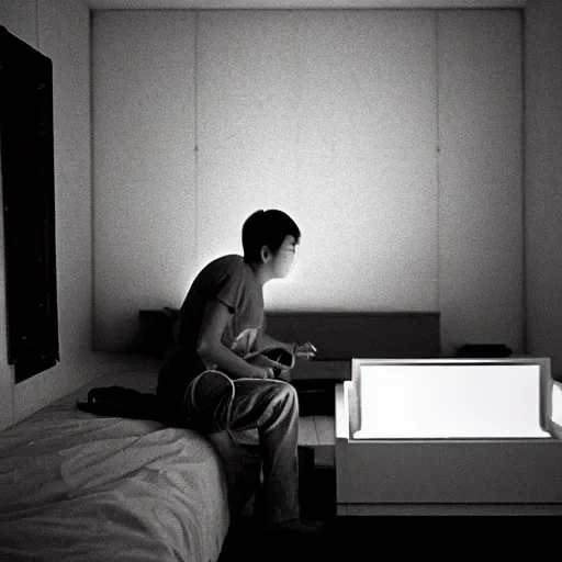 Image similar to hyperralism photography of detailed kim chen playing xbox in basement bedroom by araki hobuyoshi