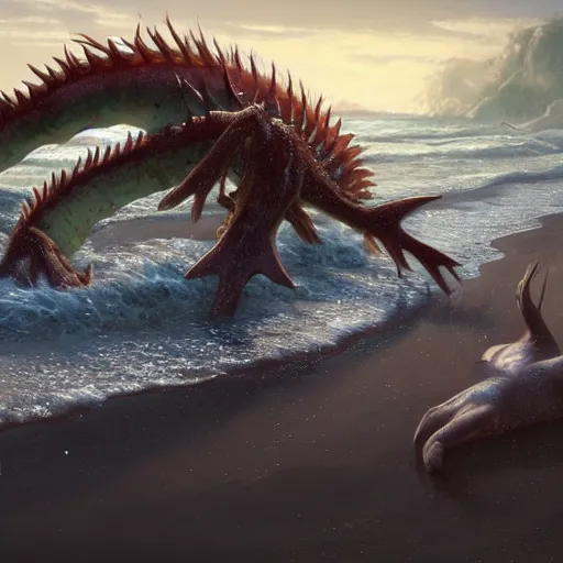 Image similar to a dying beached sea dragon washing up on the shore of a beach by jaime jones, cgsociety, fantasy art, concept art, artstation hd, deviantart hd. highly detailed. dramatic light. masterpiece