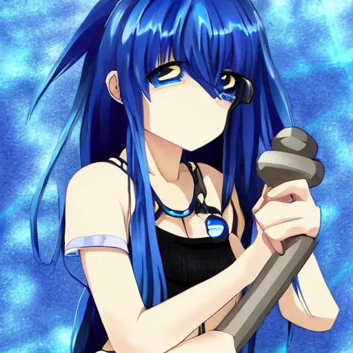 Image similar to an anime girl, holding a giant blue hammer with the logo of a black heart, and the anime girl has blue hair, white and black t - shirt, blue short - pants and she's barefoot without slippers and socks