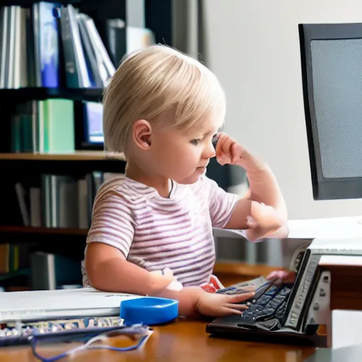 Prompt: a blonde toddler child infant baby girl working CAD computer drafting, civil engineer, sitting at a desk