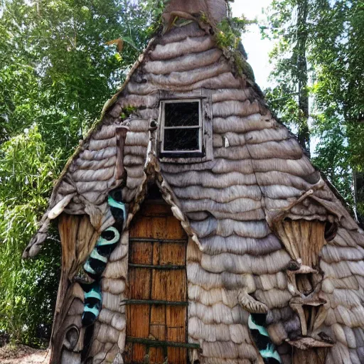 Image similar to a witches house, huge snakes on the roof of the house