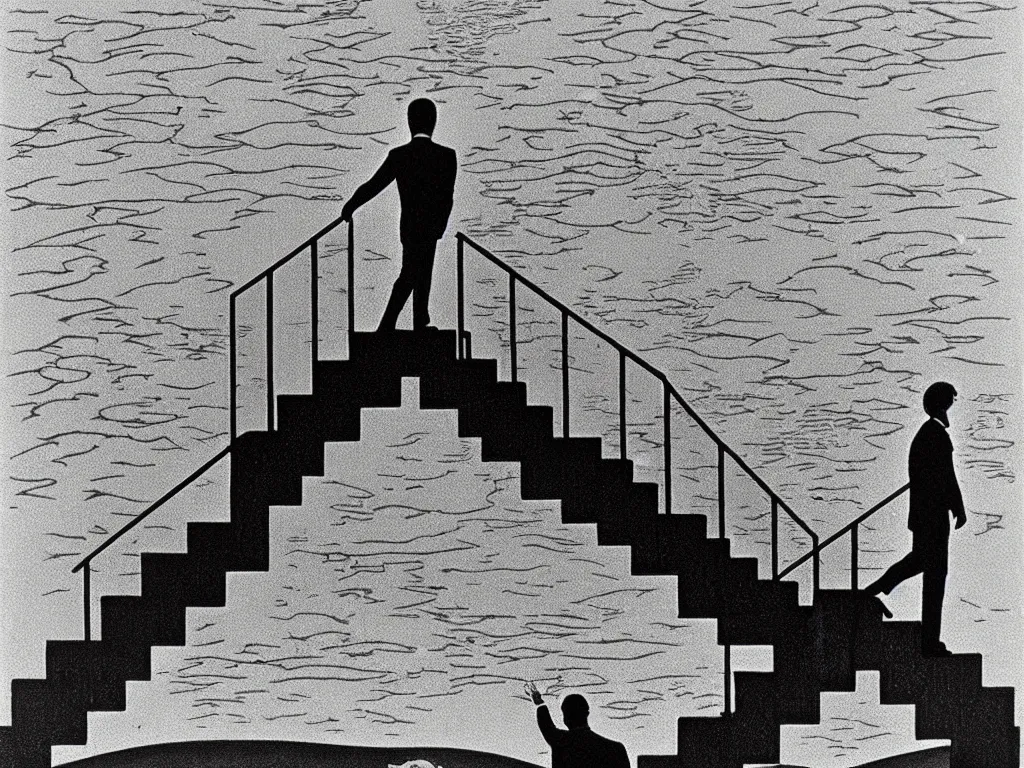 Prompt: lithograph printed in 1976. It depicts a man in an art gallery viewing a print of a seascape. The man's reflection is seen in the print, and the reflection shows the man walking down a staircase. The staircases in the print appear to be infinite, By M. C. Escher, colorized by Hayao Miyazaki