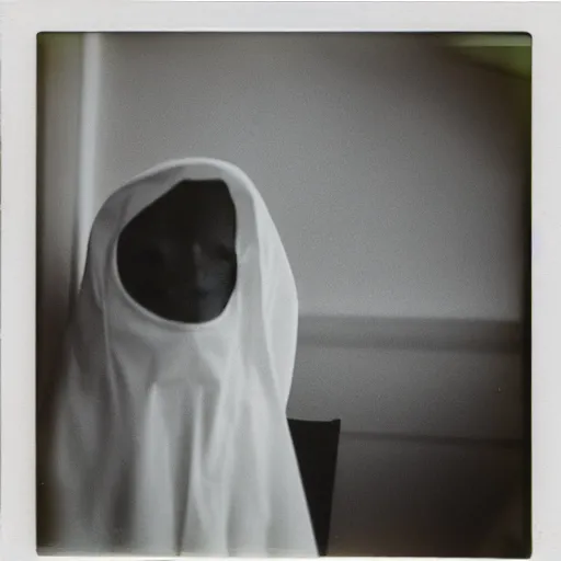 Prompt: a ghost in a white sheet ordering a happy meal, polaroid photograph,