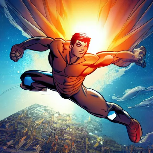 Prompt: Invincible (Image Comics) flying in an heroic pose, highly detailed, artstation, 8K HDR, sunset.