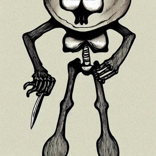 Image similar to Upset skeleton with a knife in his chest