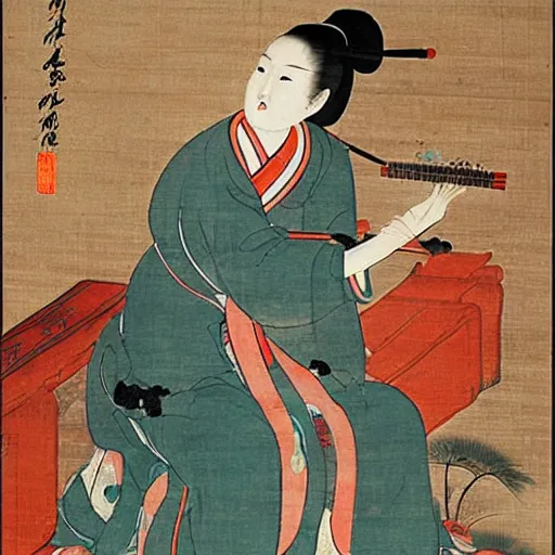 Prompt: the Chinese ancient painting of a lady playing karaoke in Tang Dynasty , by Han Xizai
