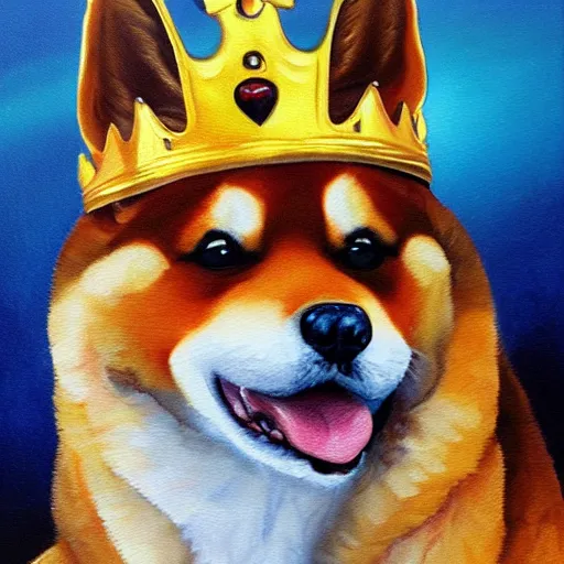 Image similar to high quality oil painting, portrait of a shiba inu dog wearing a royal crown