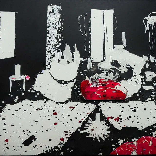 Image similar to bedroom with black walls and a futon, sensual portrait of a woman sleeping, cracked handmade pottery vase, torn paper smouldering smoke, candles, white flowers on the floor, puddle of water, octopus, squashed berries, neo - expressionism, surrealism, acrylic and spray paint and oilstick on canvas