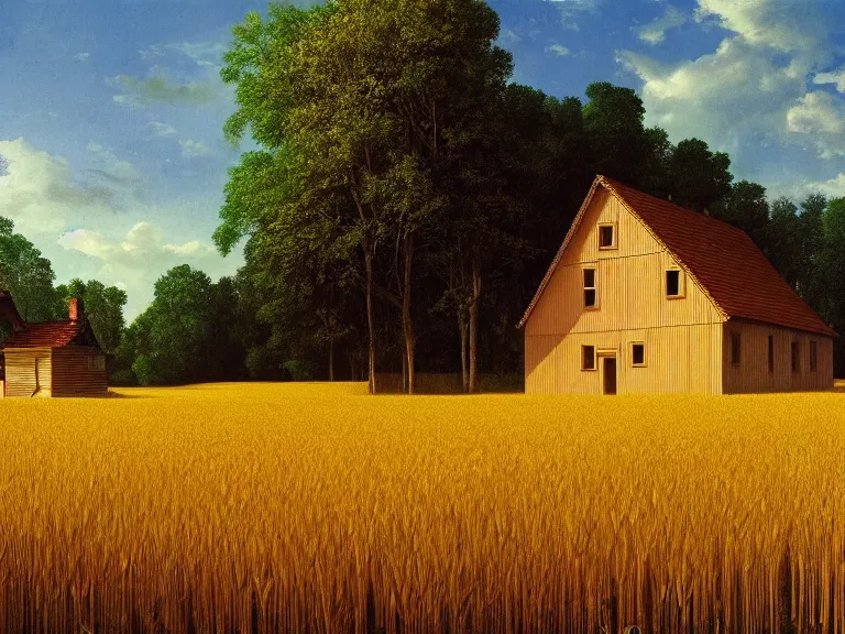 Image similar to hyperrealism photography of beautiful detailed eco house around the forest in small ukrainian village by taras shevchenko and wes anderson and caravaggio, wheat field behind the house