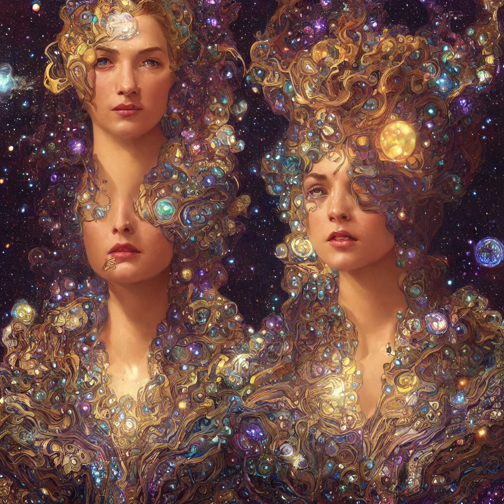 Image similar to portrait of a cosmic goddess, suit made out of stars and galaxies and cosmic energy, intricate, headshot, highly detailed, digital painting, artstation, concept art, sharp focus, cinematic lighting, illustration, art by artgerm and greg rutkowski, alphonse mucha, cgsociety