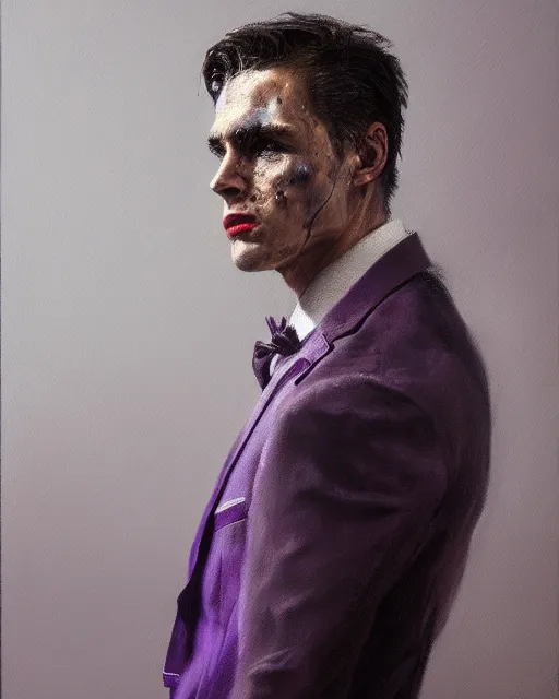 Image similar to A hyper realistic oil painting of a man in his twenties dressed in a purple suit, clean shaven, insane sharp looking face, messy hair, blood on the suit, by Greg Rutkowski, trending on artstation, 4k, creepy lighting