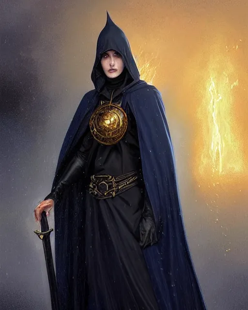 Prompt: cursed male mage at the end of time, long black hair blue eyes wearing cloth mantle gothic navy cloak with gold details, wizard town, fantasy character portrait, ultra realistic, intricate, elegant, cinematic lighting, highly detailed, digital painting, artstation, smooth, sharp, focus, illustration, art by artgerm and greg rutkowski and alphonse mucha