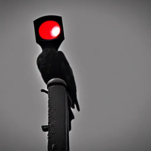 Image similar to ominous dark perched crow with glowing red surveillance camera lens for an eye (detailed realistic photograph) (gritty atmosphere)