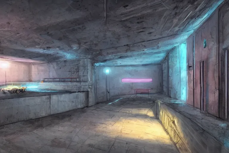 Image similar to very realistic detailed matte painting of a small civilian bunker, neon lighting