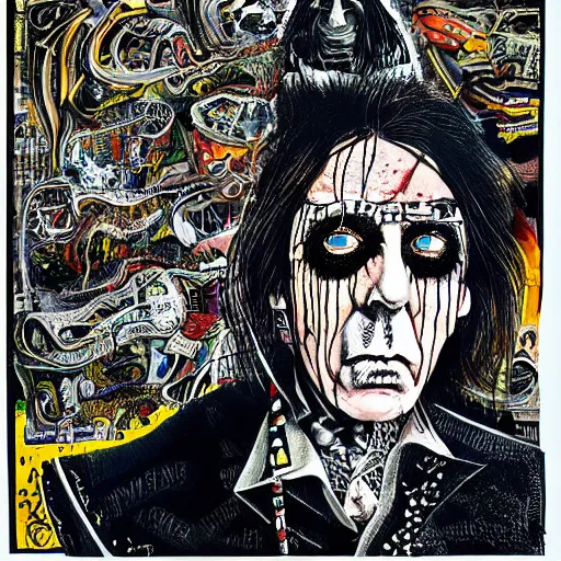 Image similar to graphic illustration, creative design, alice cooper, biopunk, francis bacon, highly detailed, hunter s thompson, mixed media - 1 6. 0