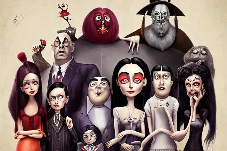 Image similar to the addams family, american mcgee's alice, sharp focus, artstation, trending, by julie dillon, luis melo, tyler miles lockett, lei jin, hong lei, ken wong, adam narozanski, joy ang