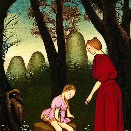 Image similar to “ sensual nurse treating medieval child girl in a fantasy forest, artwork ”