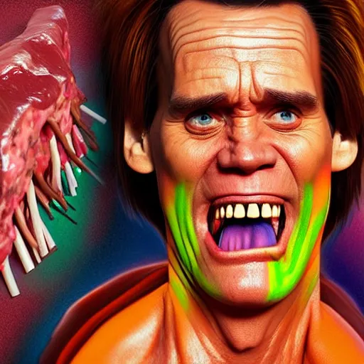 Image similar to jim carrey is fused into a meat stick, hyperdetailed, artstation, cgsociety, 8 k