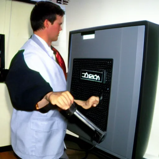 Image similar to drebin893 hitting a desktop computer with a hammer