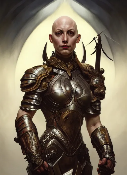 Prompt: Symmetry!! portrait of a bald woman, warrior in armour, muscular, fantasy, intricate, elegant, highly detailed, digital painting, artstation, concept art, smooth, sharp focus, illustration, art by artgerm and greg rutkowski and alphonse mucha